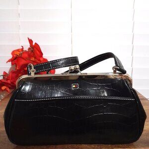 Y2k Black Faux Leather Croc Pattern Tommy Hilfiger Tote Clutch Nostalgia 9"W x5"